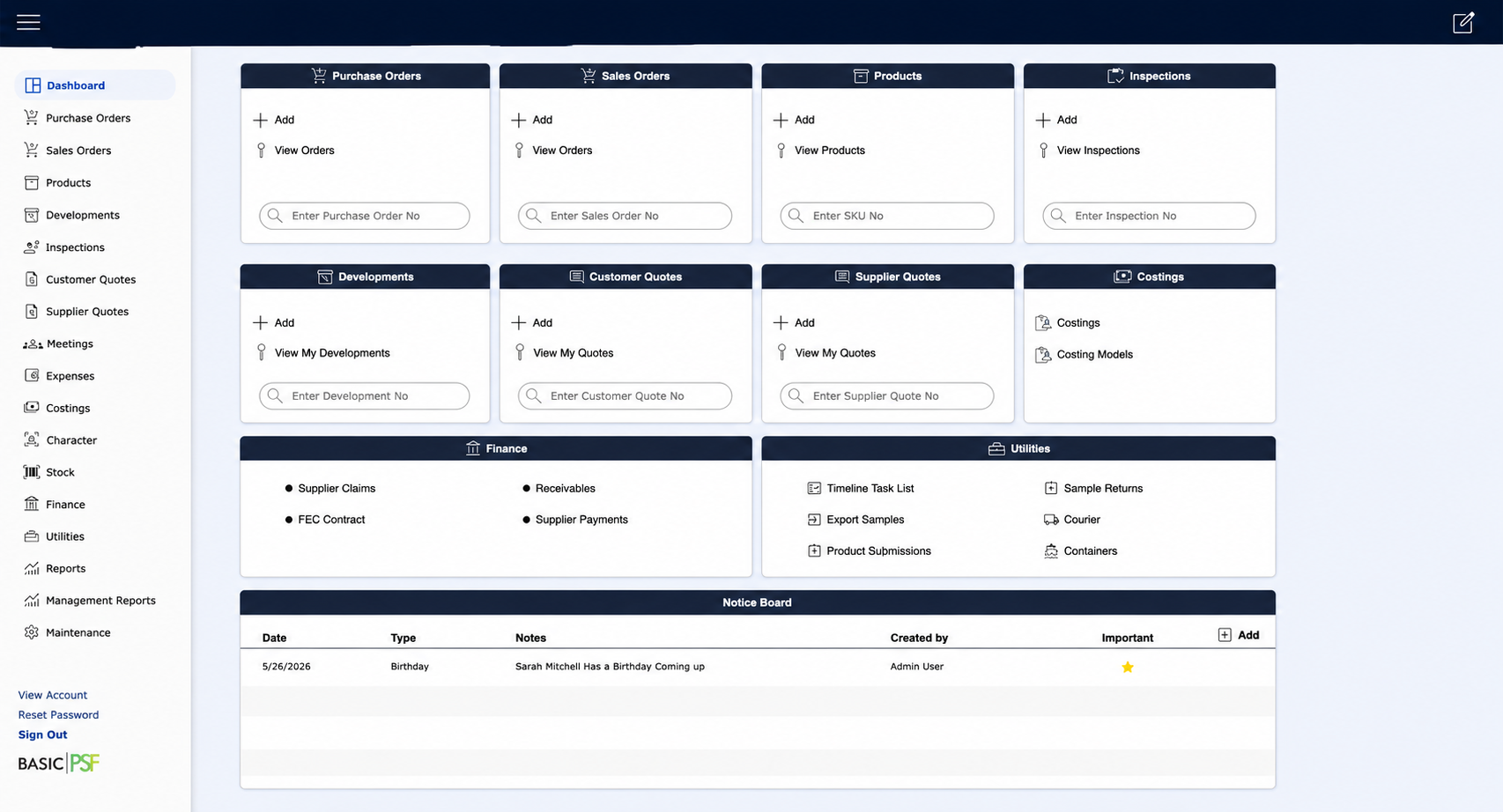 BasicPSF dashboard